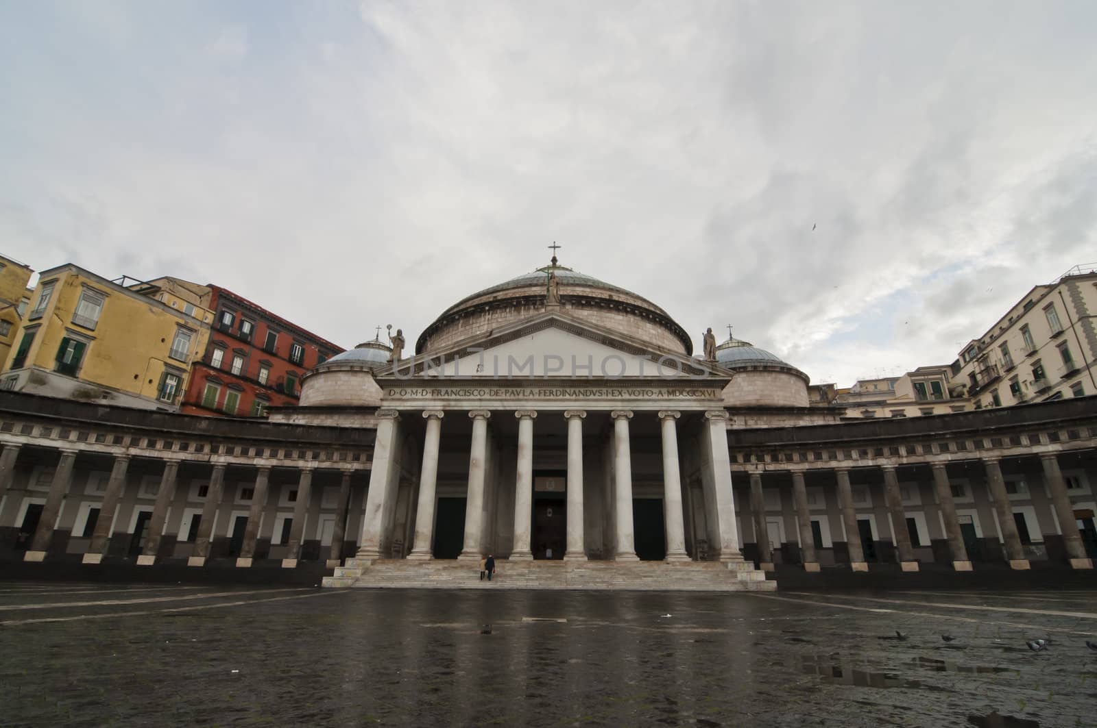 view, square and statues in Piazza Plebiscito, Naples, Italy