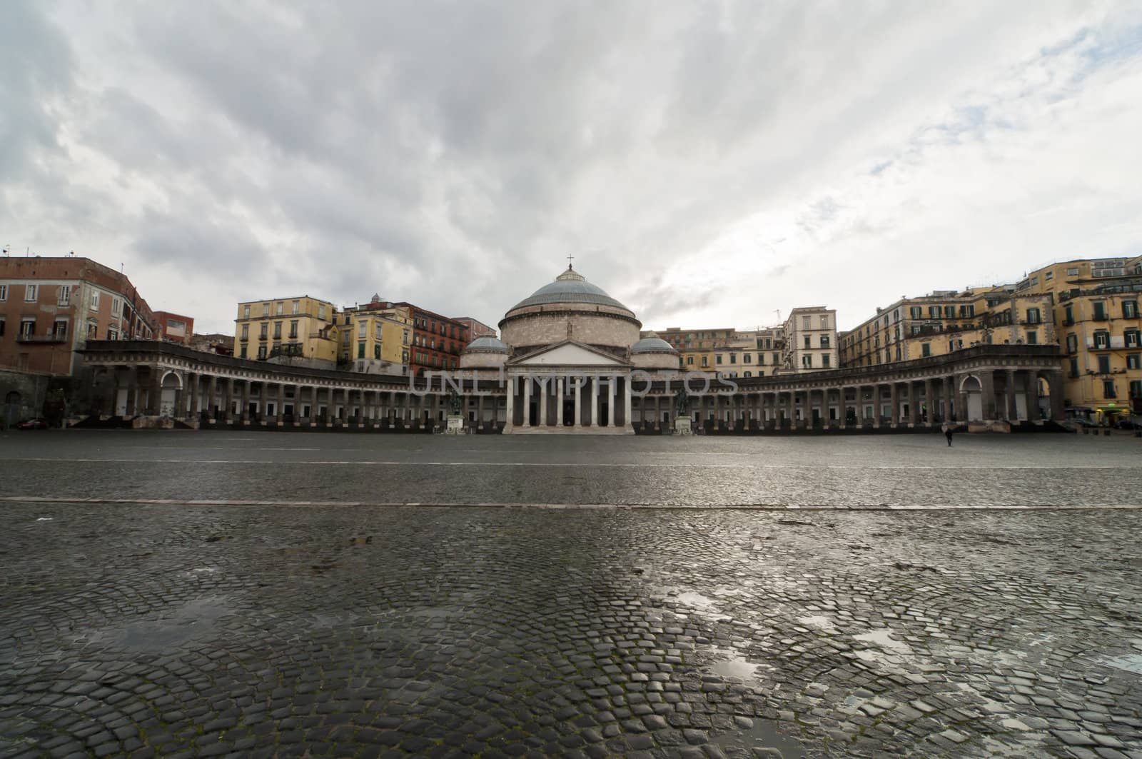 view, square and statues in Piazza Plebiscito, Naples, Italy