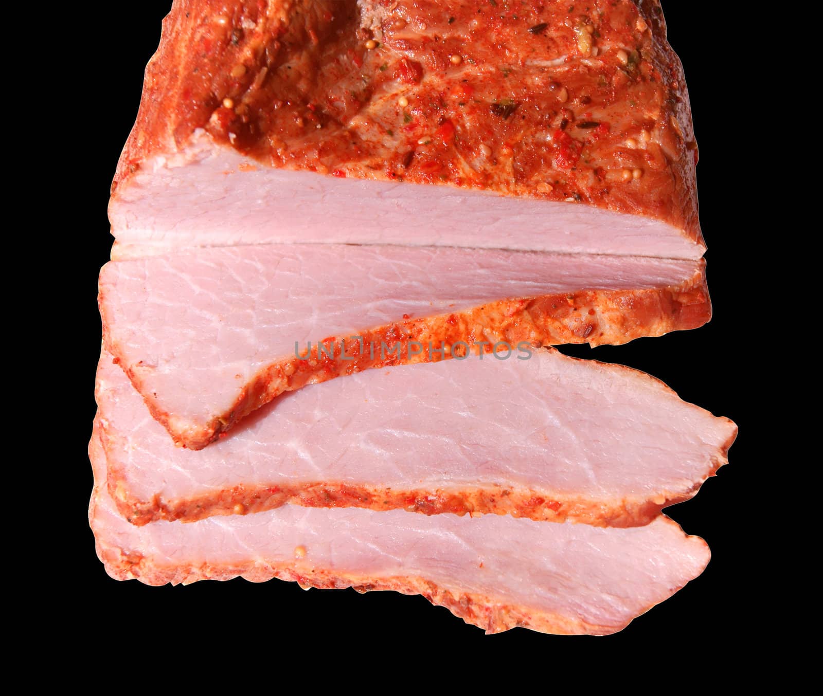 Piece of meat of ham on black background is insulated