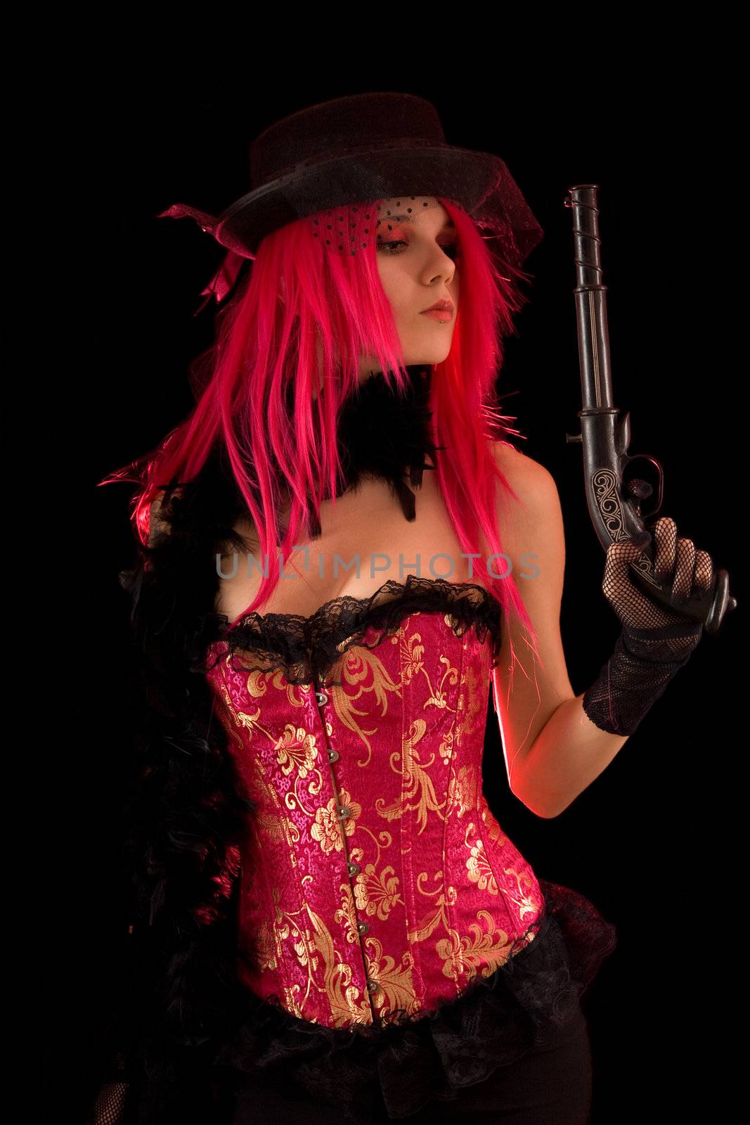 Cabaret girl in pink corset holding gun  by Elisanth