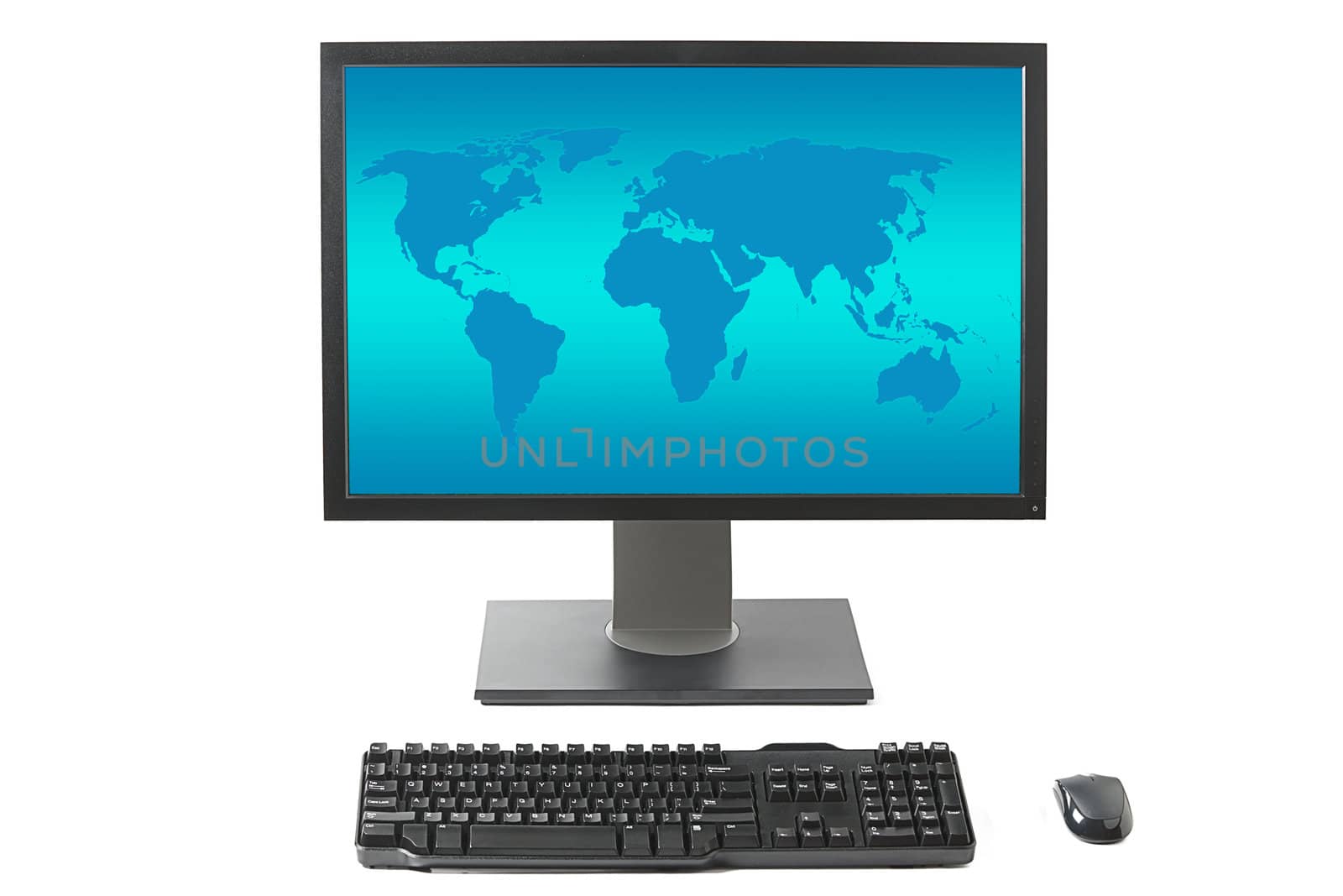 Computer workstation ( monitor, keyboard, mouse) with world map isolated