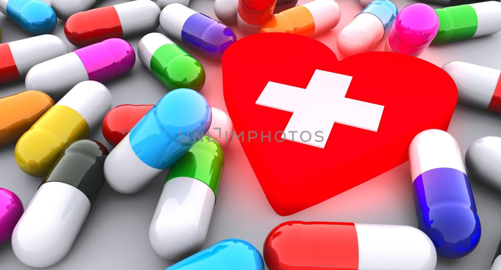 Concept of many pills and red glowing heart on white background. Pills are in red, blue, green, yellow and orange colors.