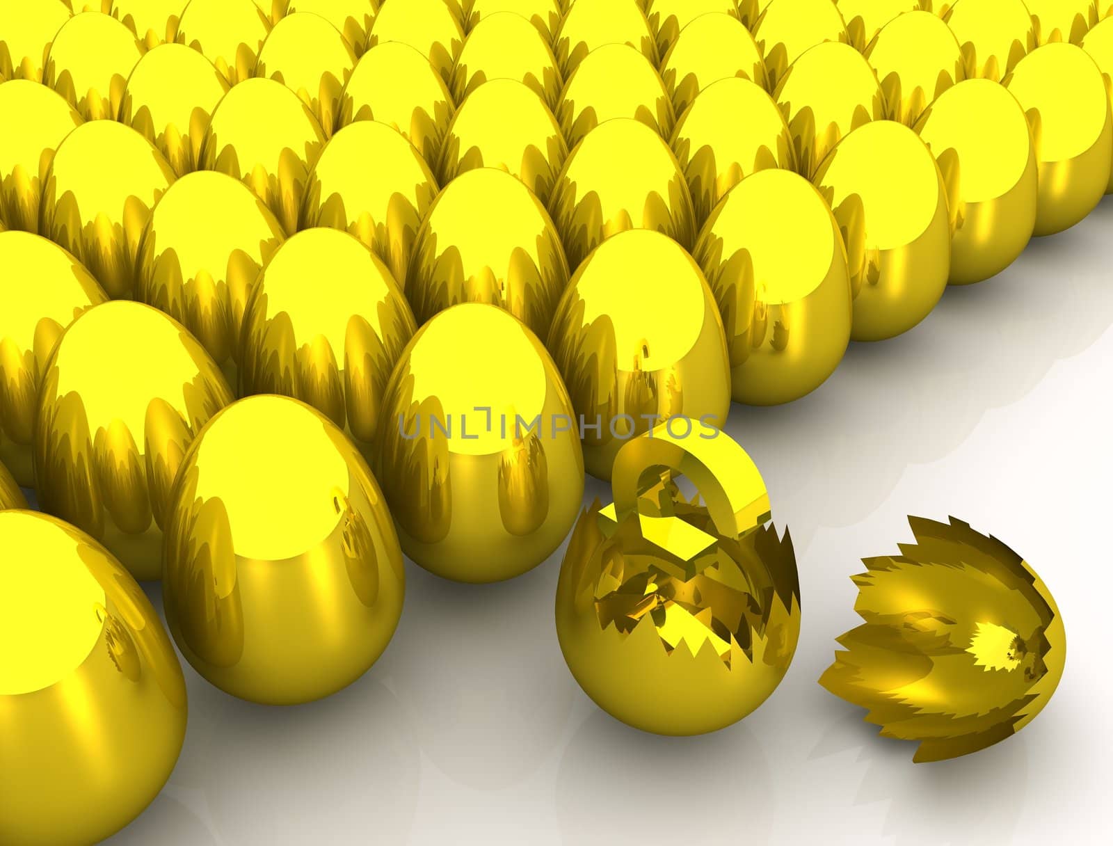 Concept of cracked golden egg with golden Pound symbol hidden inside. Rendered on white background with crowd of uncracked eggs.