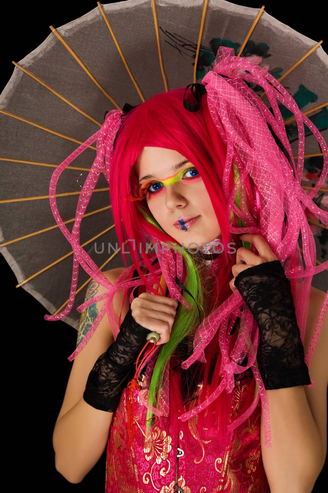 Portrait of cyber gothic girl with Japanese umbrella, isolated on black background 