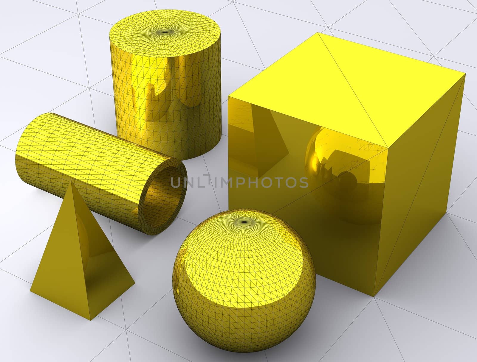 Concept of basic 3d primitives rendered in gold color on white background. 3d concept is highlighted and enhanced by wireframe triangular lines in addition to the solid rendering.