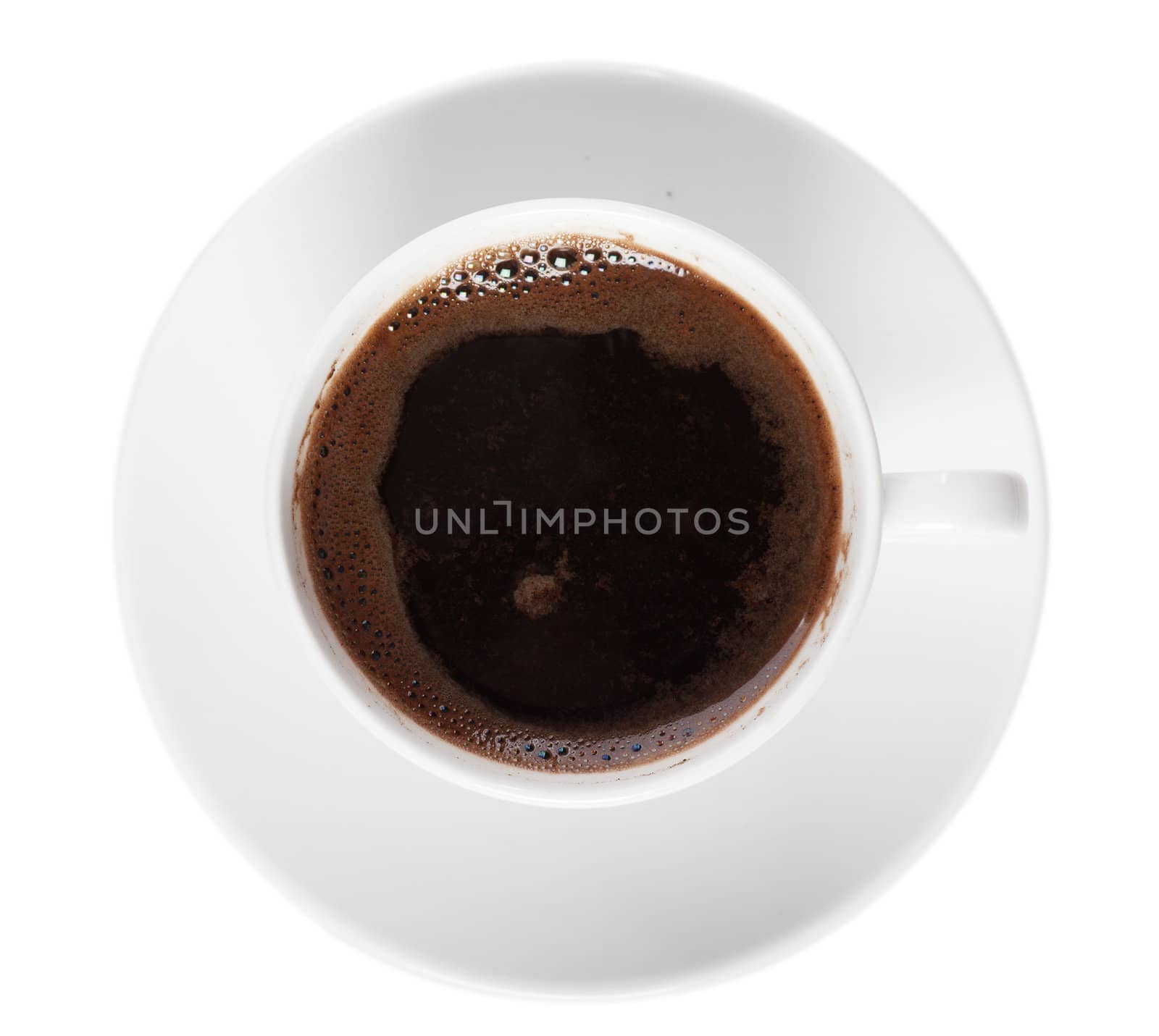 Top view of white cup of coffee isolated over white background