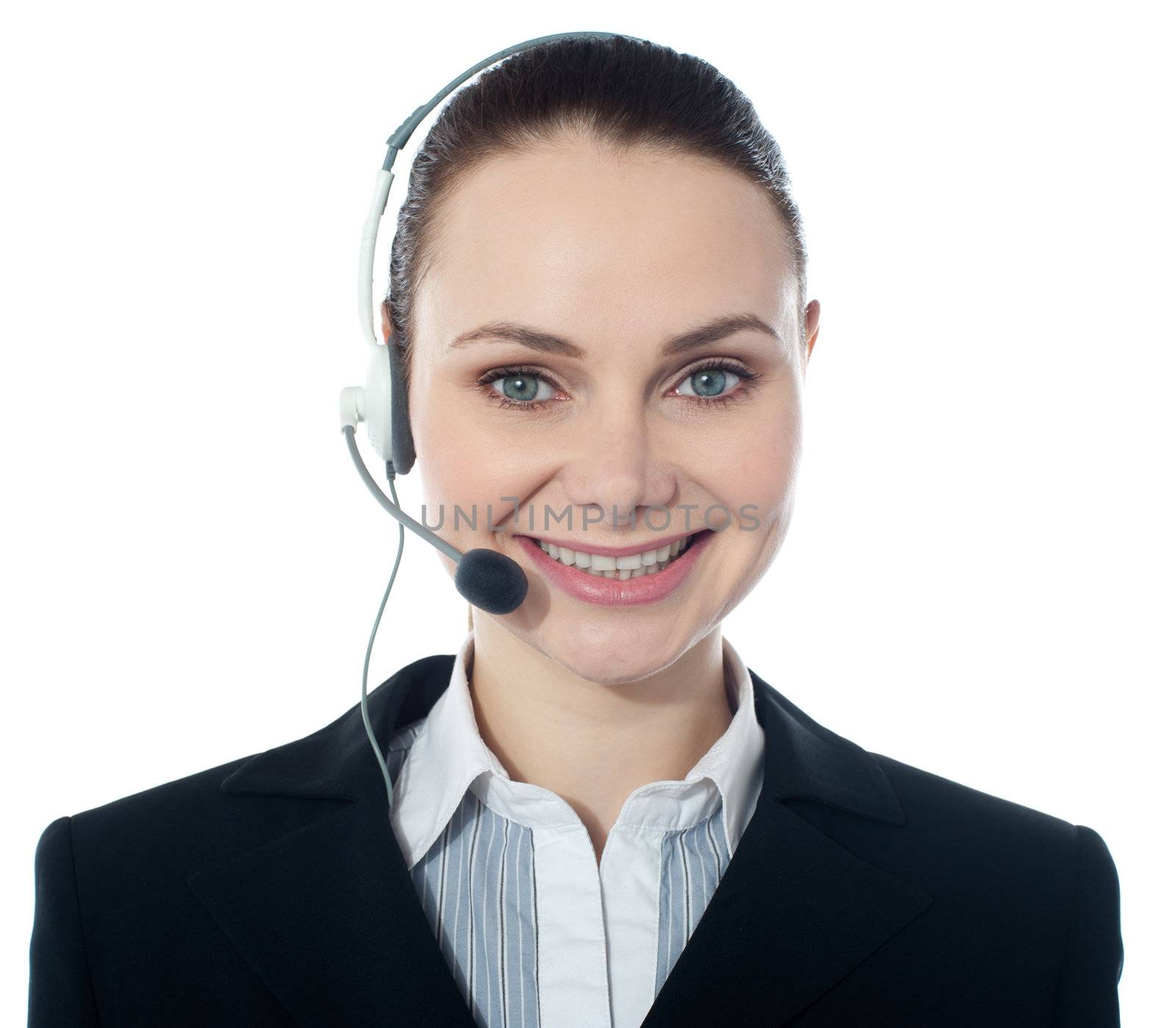 Closeup shot of call center female executive wearing headsets