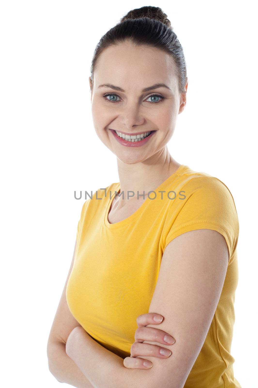 Skinny amarican teenager posing with folded arms isolated on white