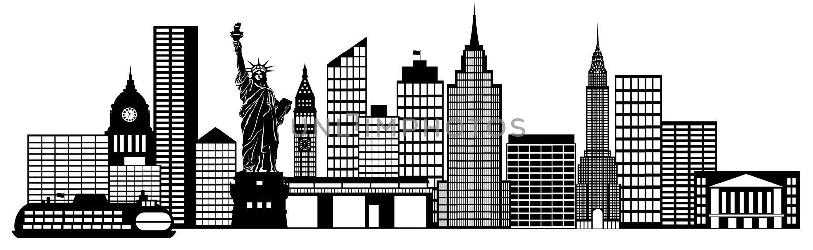 New York City Skyline Panorama Black and White Silhouette Clip Art Illustration