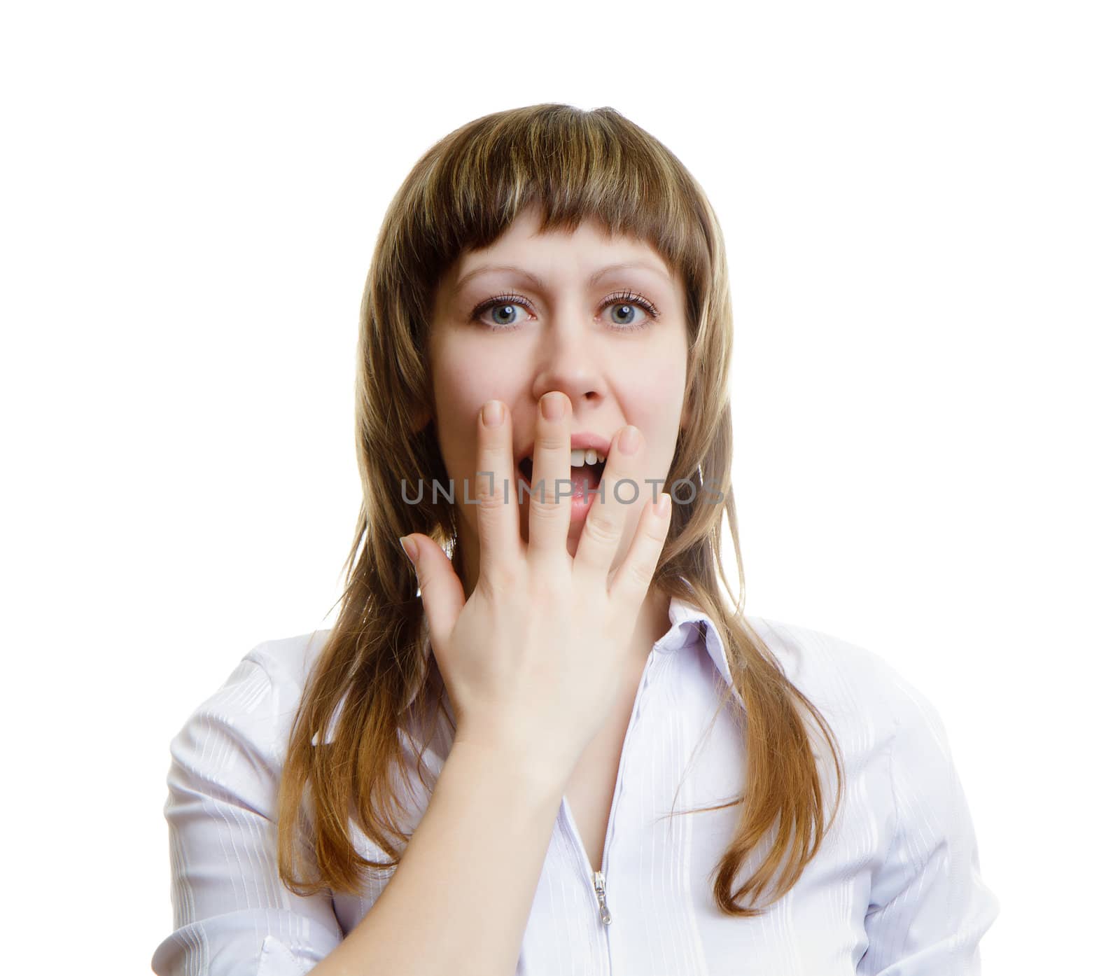terrified young girl hand mouth shut. white background