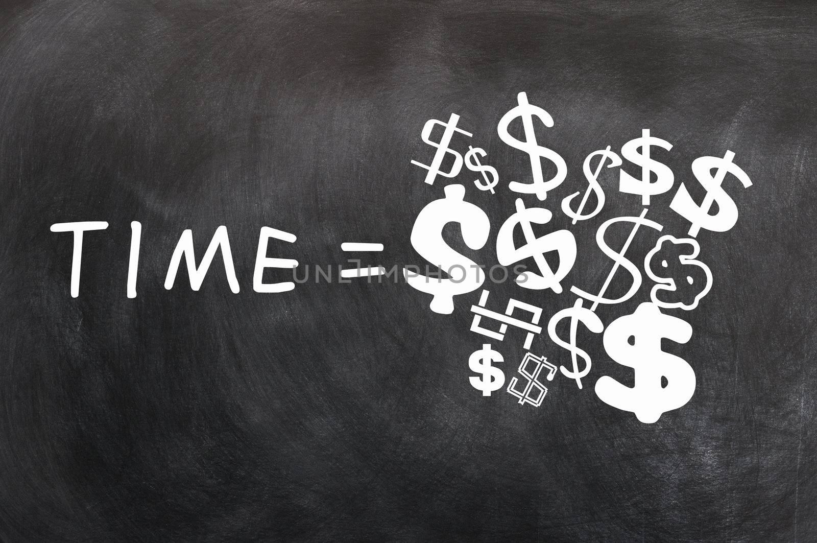 Time is Money written on a blackboard,with various dollar symbols