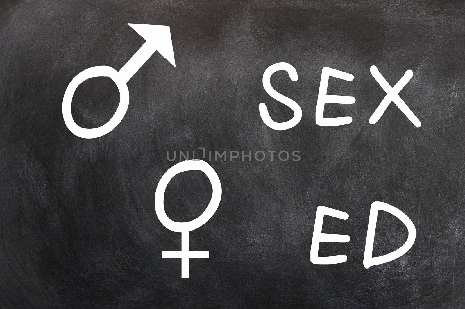 Sex education with gender symbols written with chalk on a blackboard