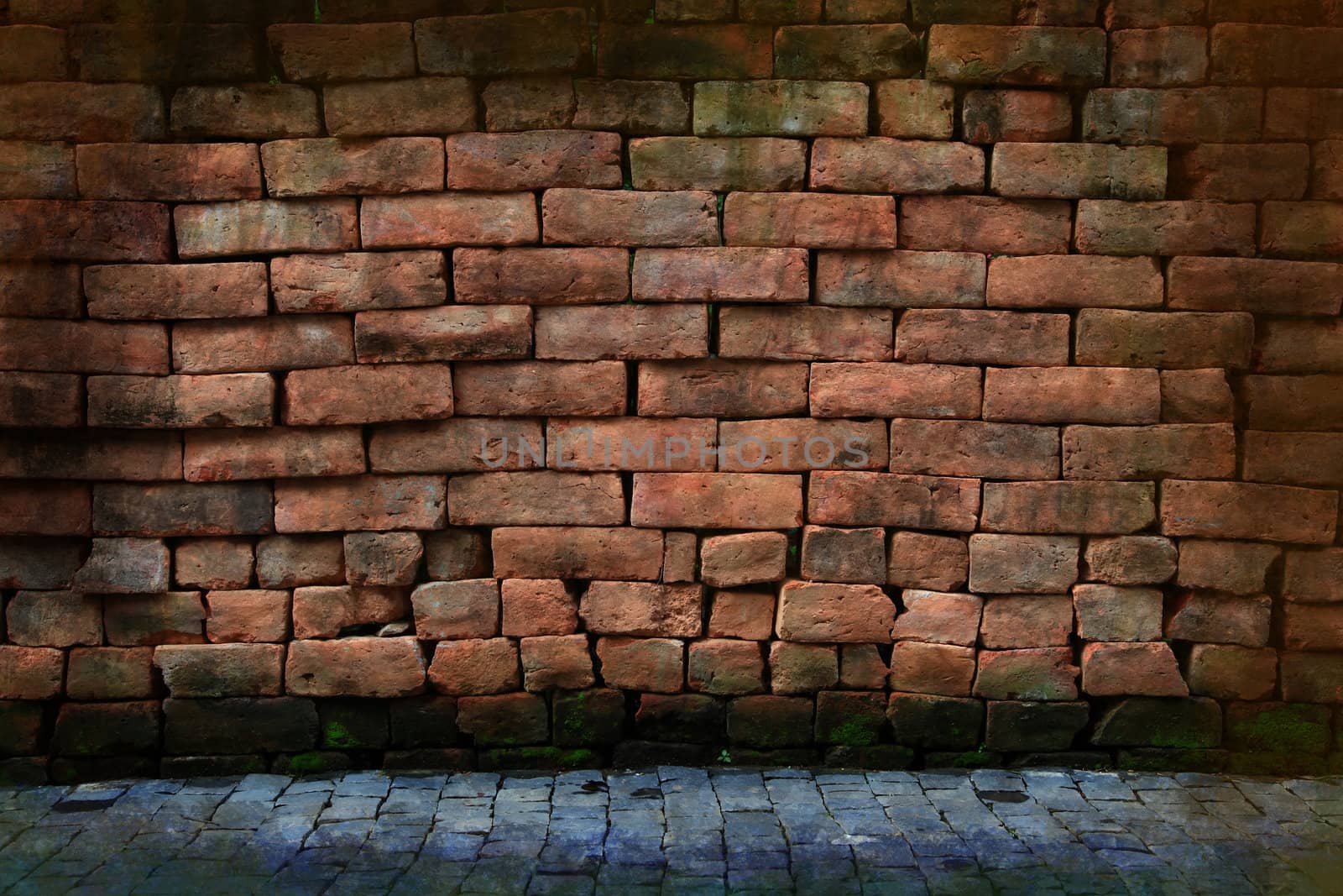 dirty grunge red stone brick wall with pavement