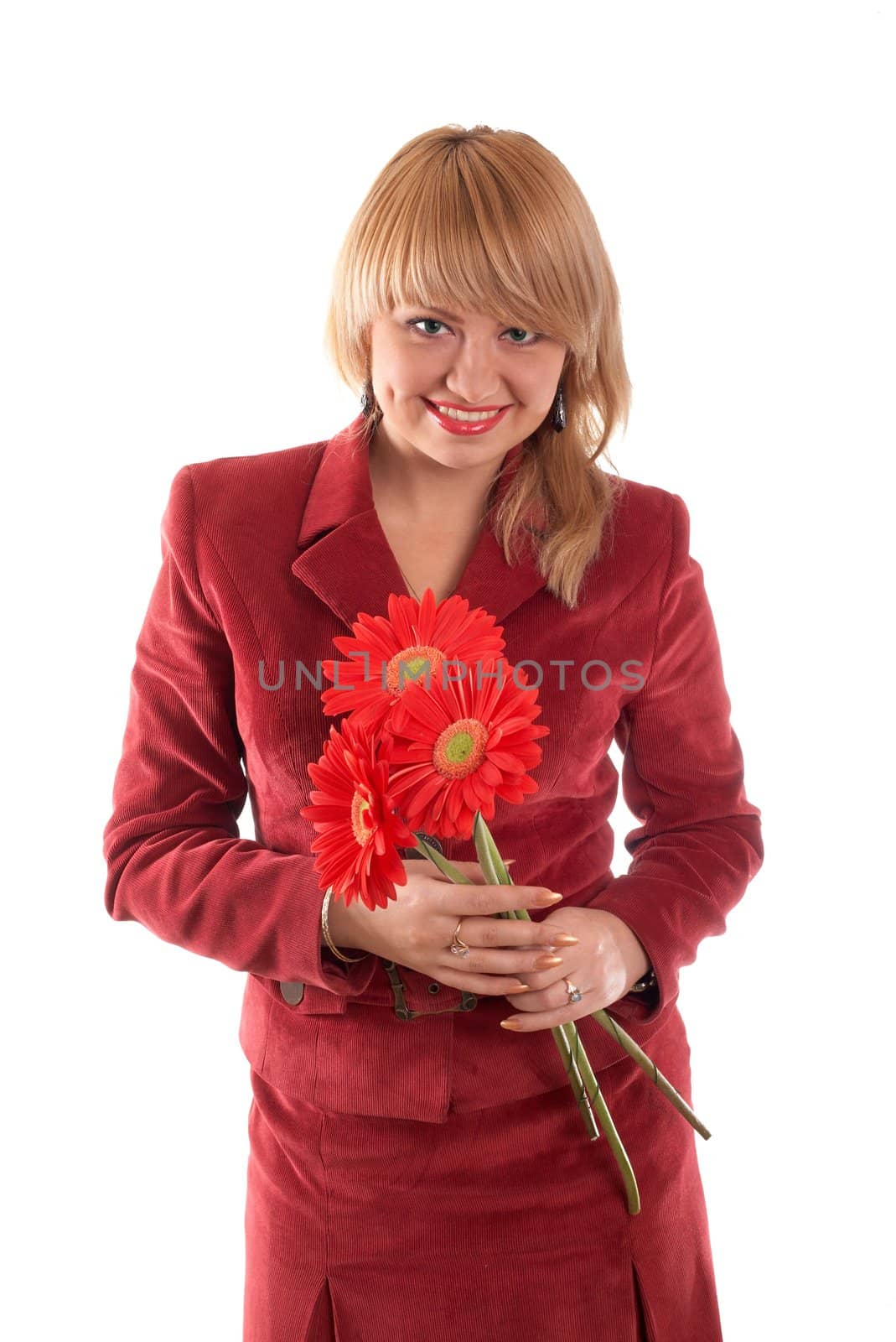 An image of a girl with red flowewrs