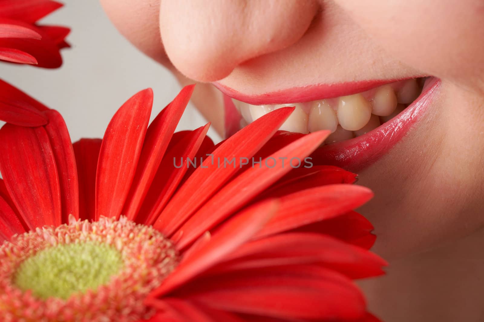 An image of woman's lips and flowers close-up