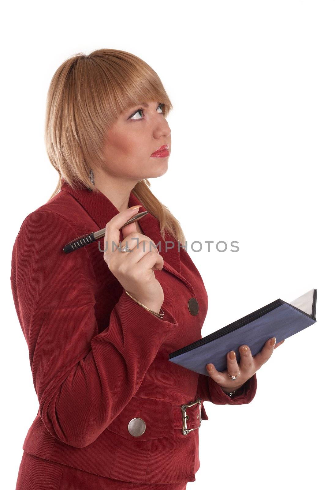 An image of woman in red suit with pen