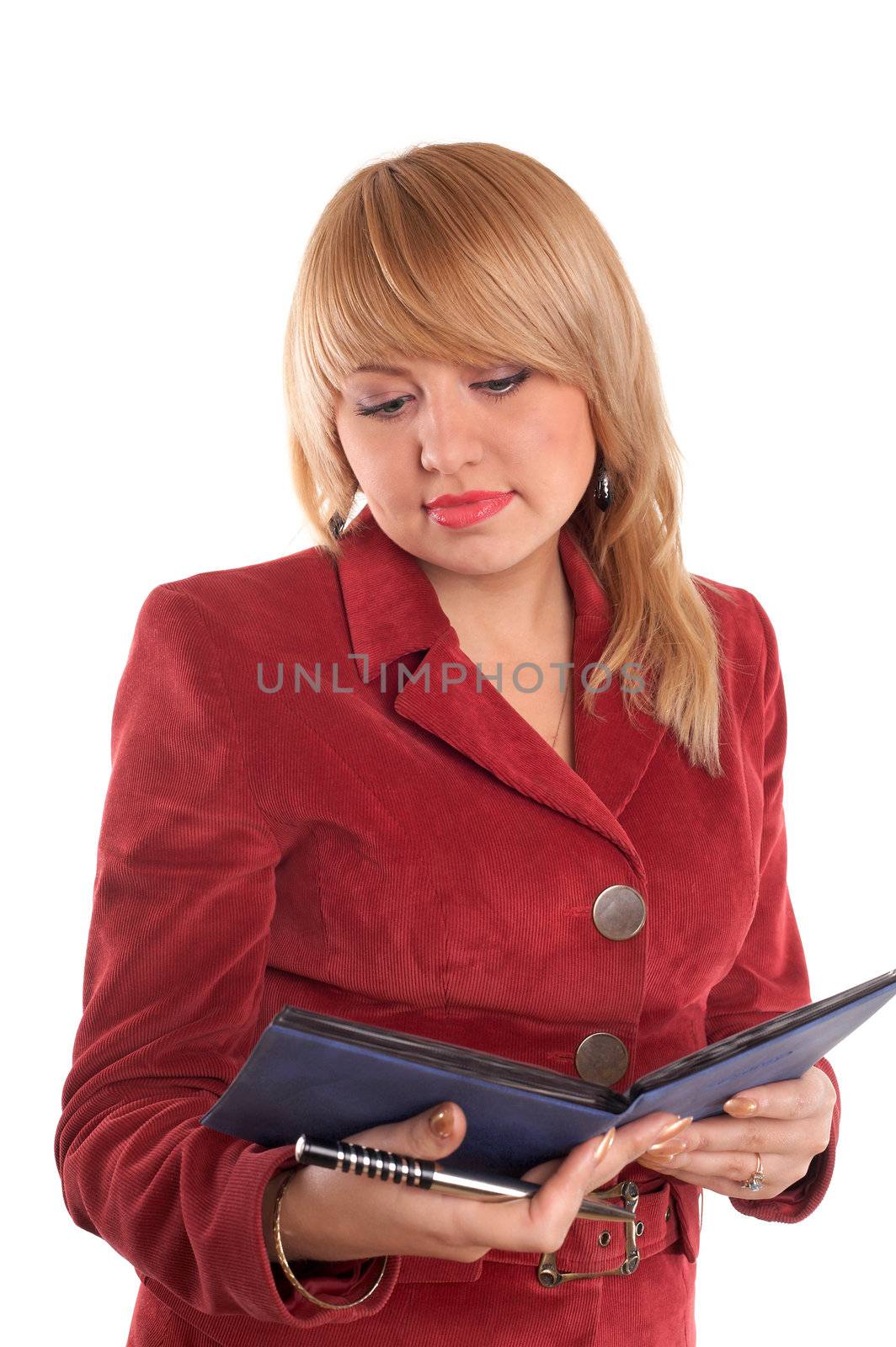 An image of reading nice woman in red suit