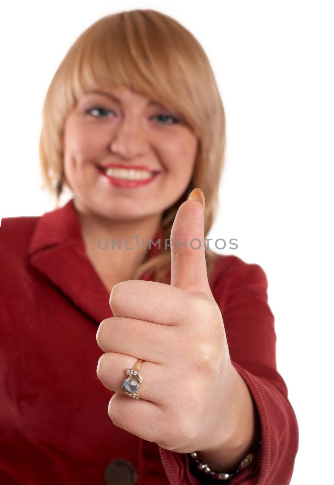 An image of girl in red suit. Showing his thumb.