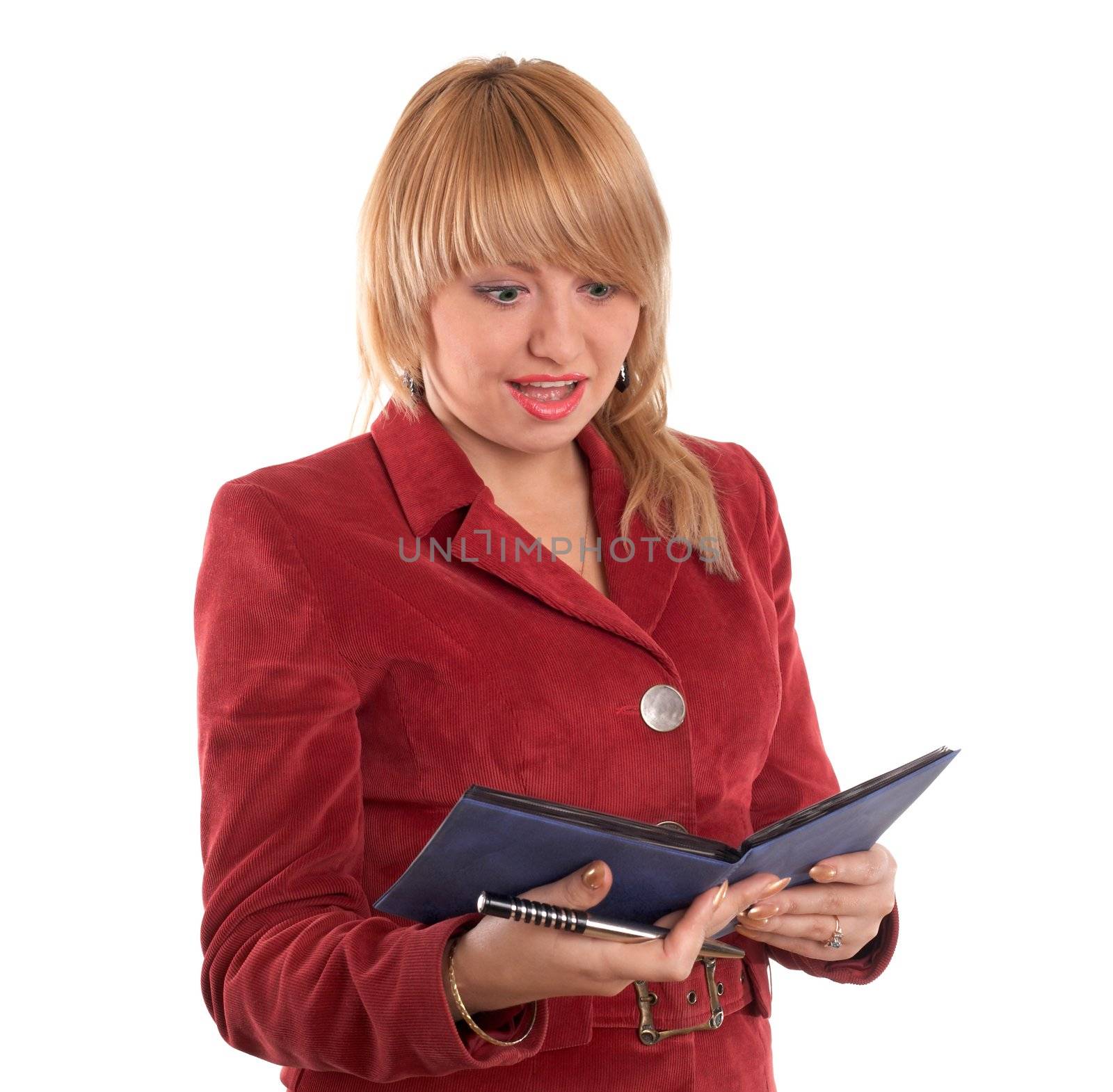 An image of reading nice girl in red suit