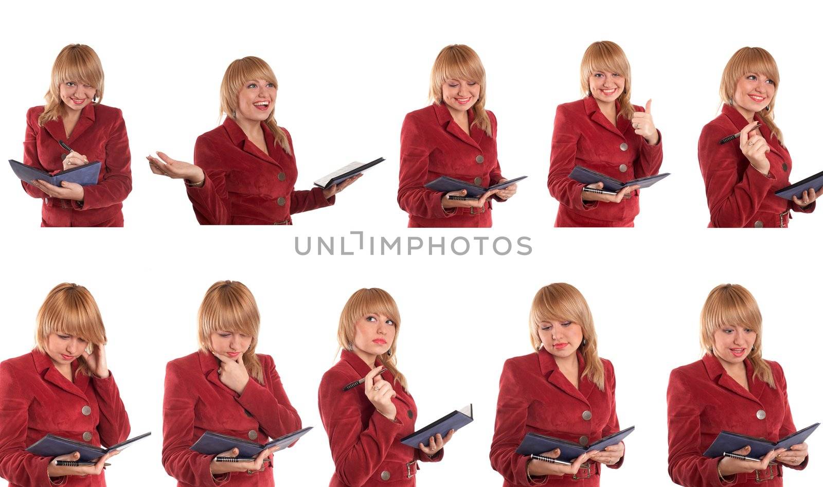 An image of girl in red suit. Variations.