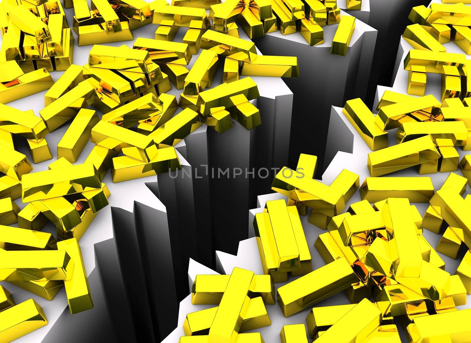 Concept of many gold bars close to the mouth of endless abyss. Scene rendered on white background.