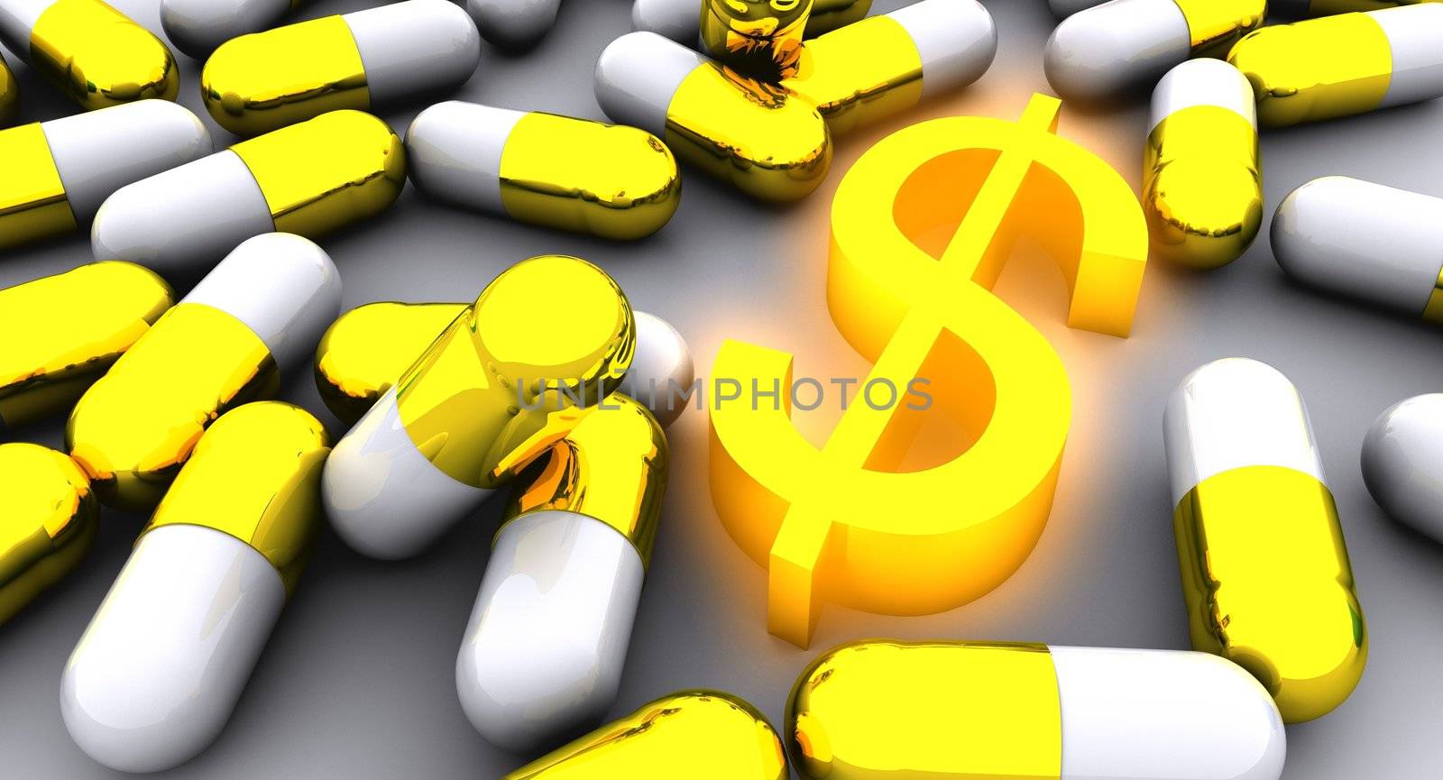 Concept of many golden pills and golden dollar rendered on white background. Concept can be symbolizing highly valuable cure, expensive health care, or treatment of complicated economical situation.