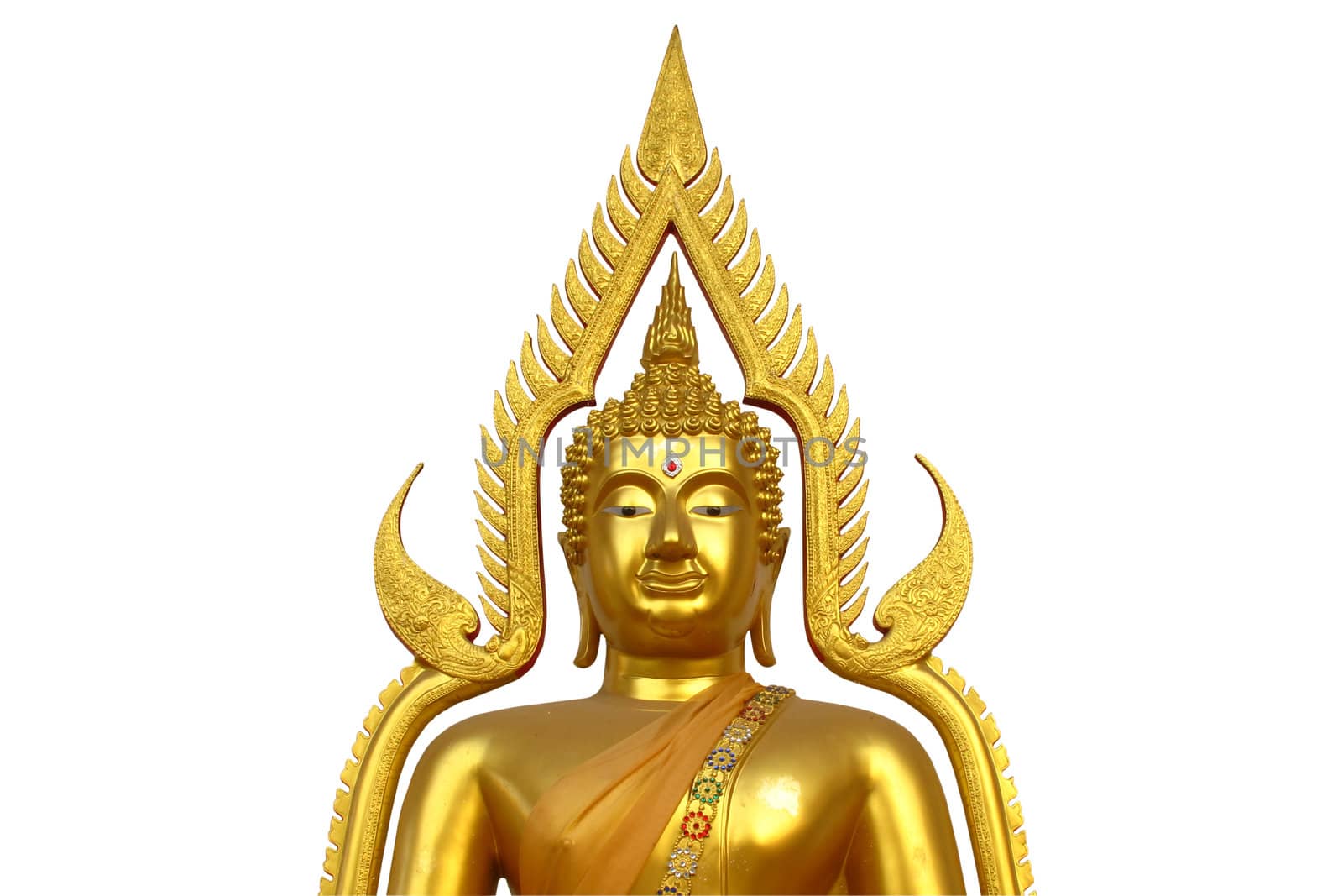 Golden Buddha half body on white background with clipping path