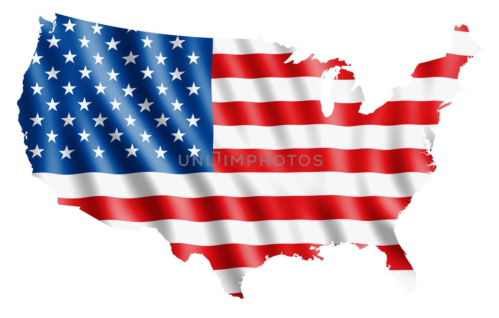 USA map with rippled flag on white illustration