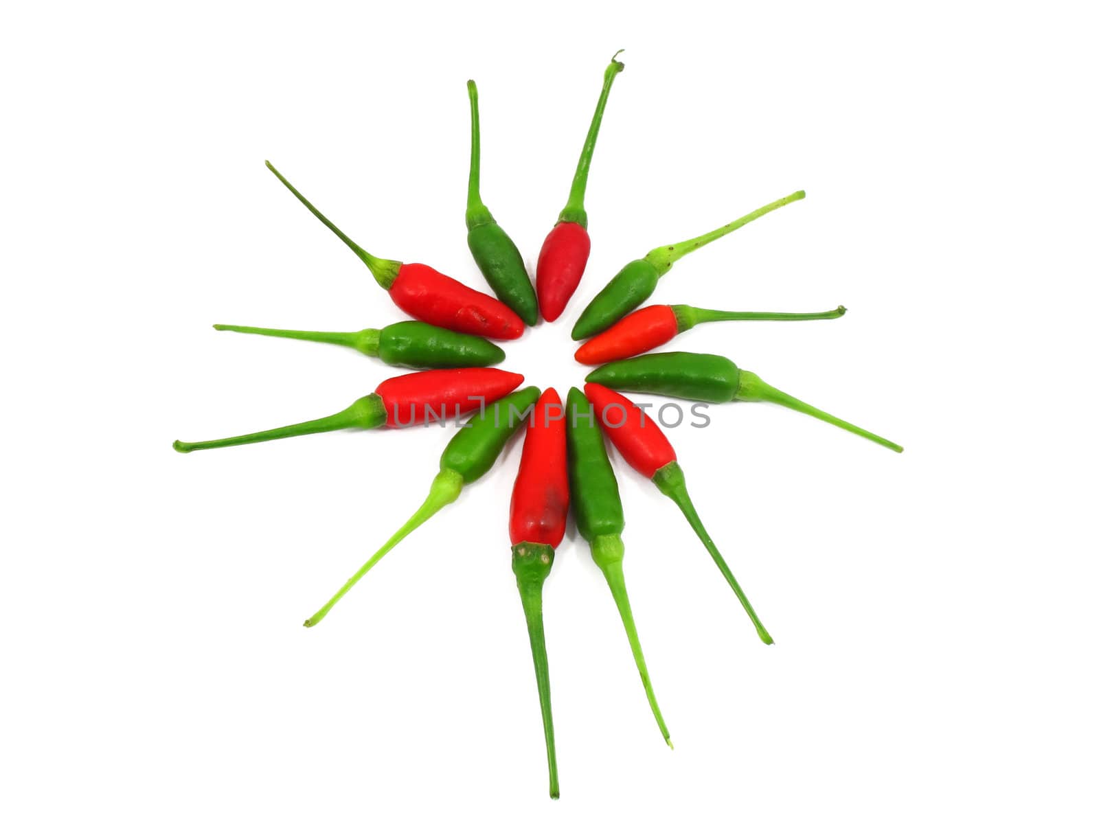 Red and green chilli peppers alternate in circle