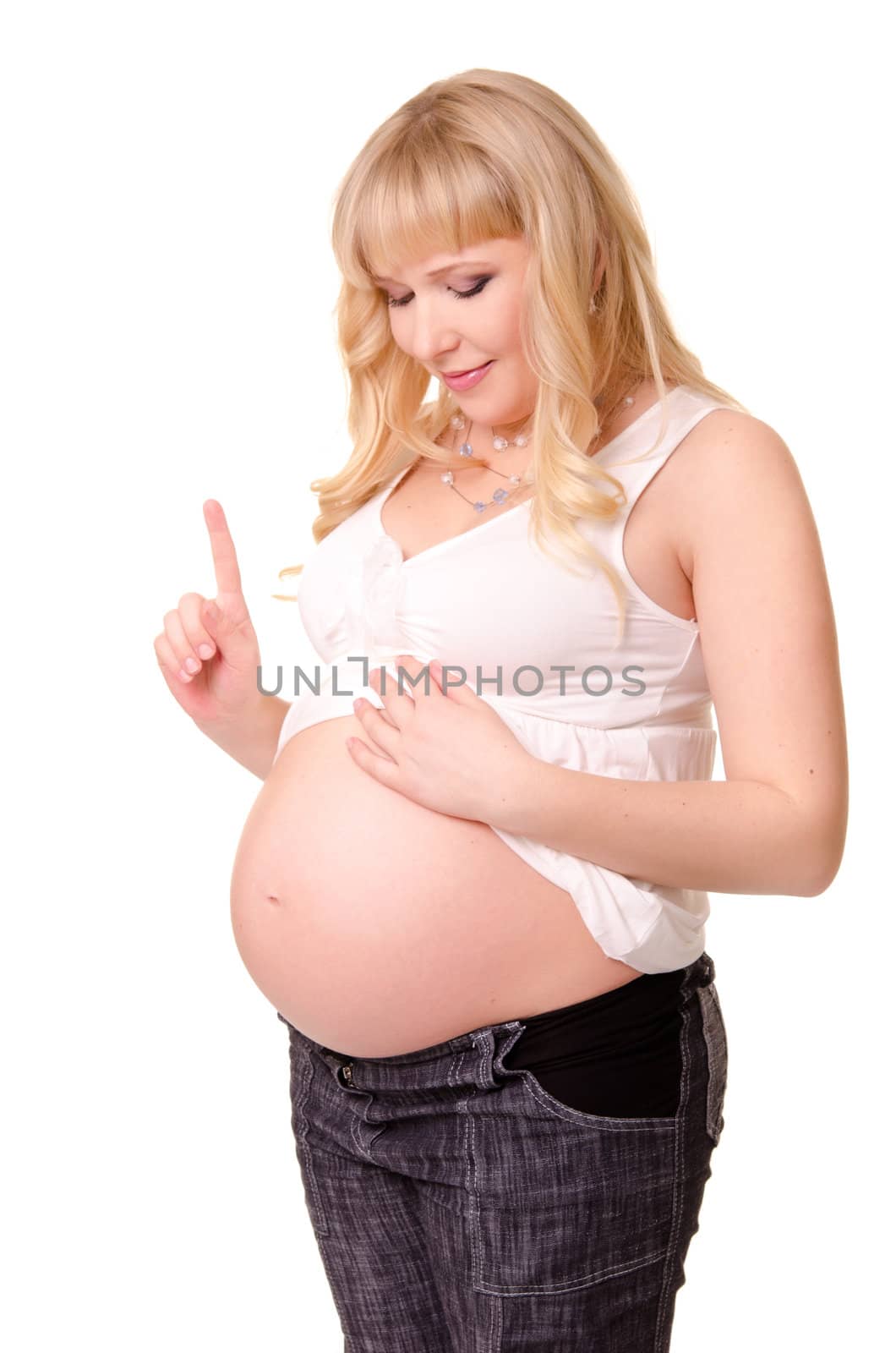 Pregnant woman teach a baby in her belly isolated on white