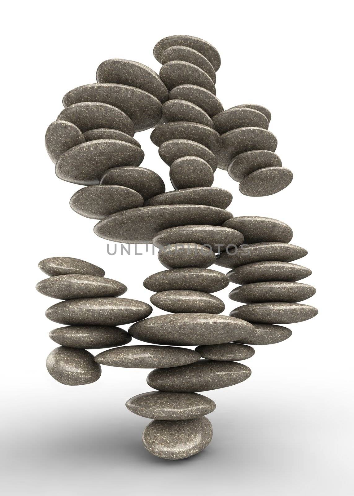 Dollar stability symbol, pebble stack shaped as currency sign over white. Extralarge resolution