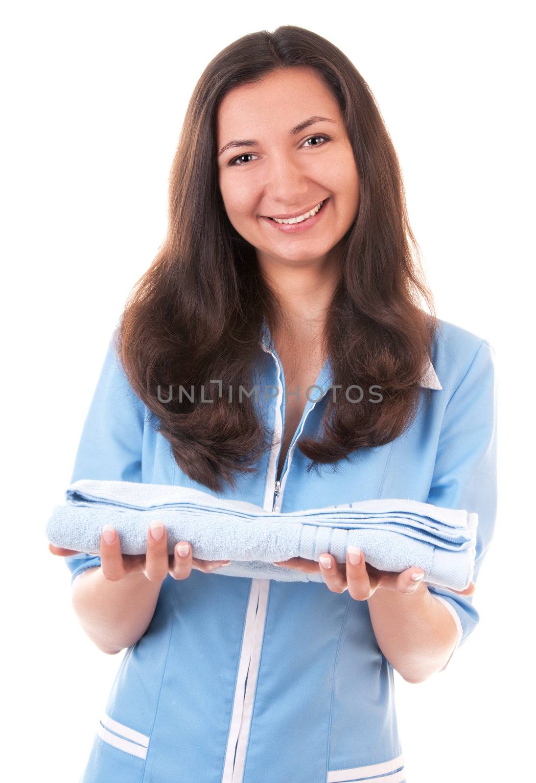 Charwoman with clean towerl isolated on white