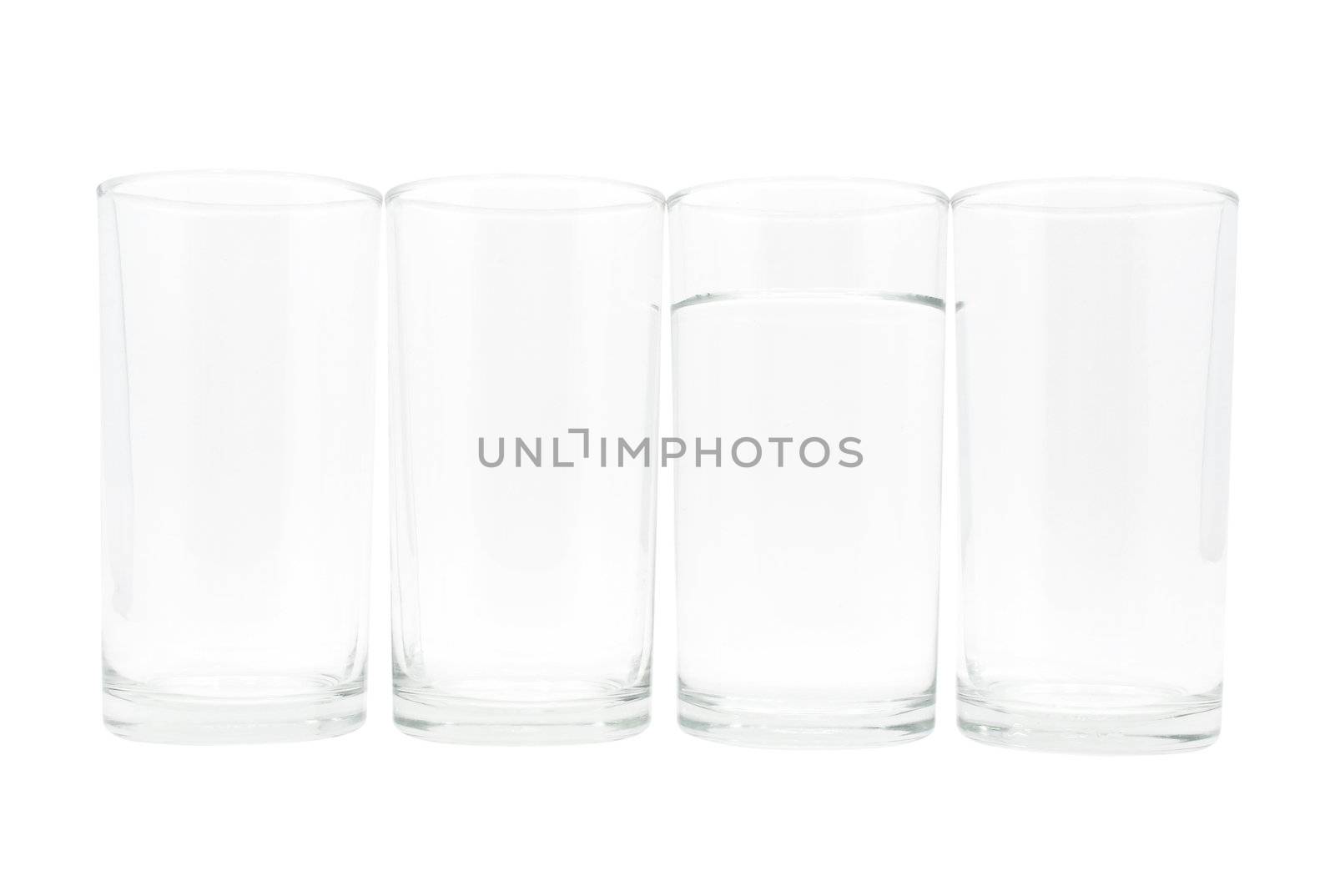 Four glasses with water in one glass on white background