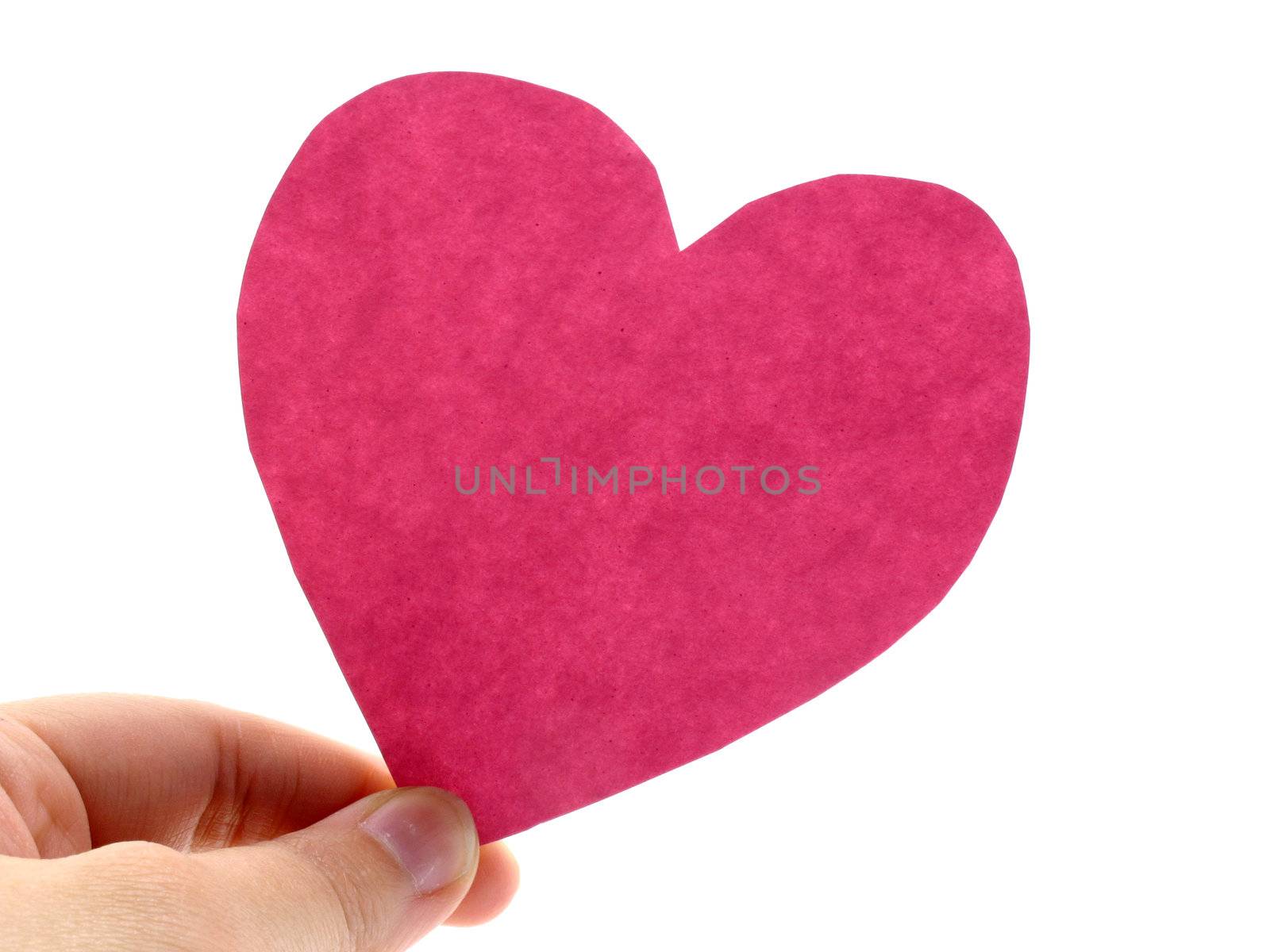 A hand hold a pink heart on white background