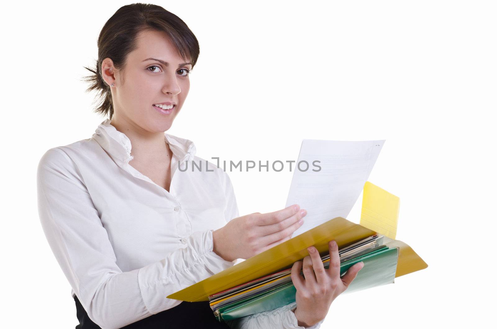 business woman happily holding a pile of files in hands, Eye contact, high key 