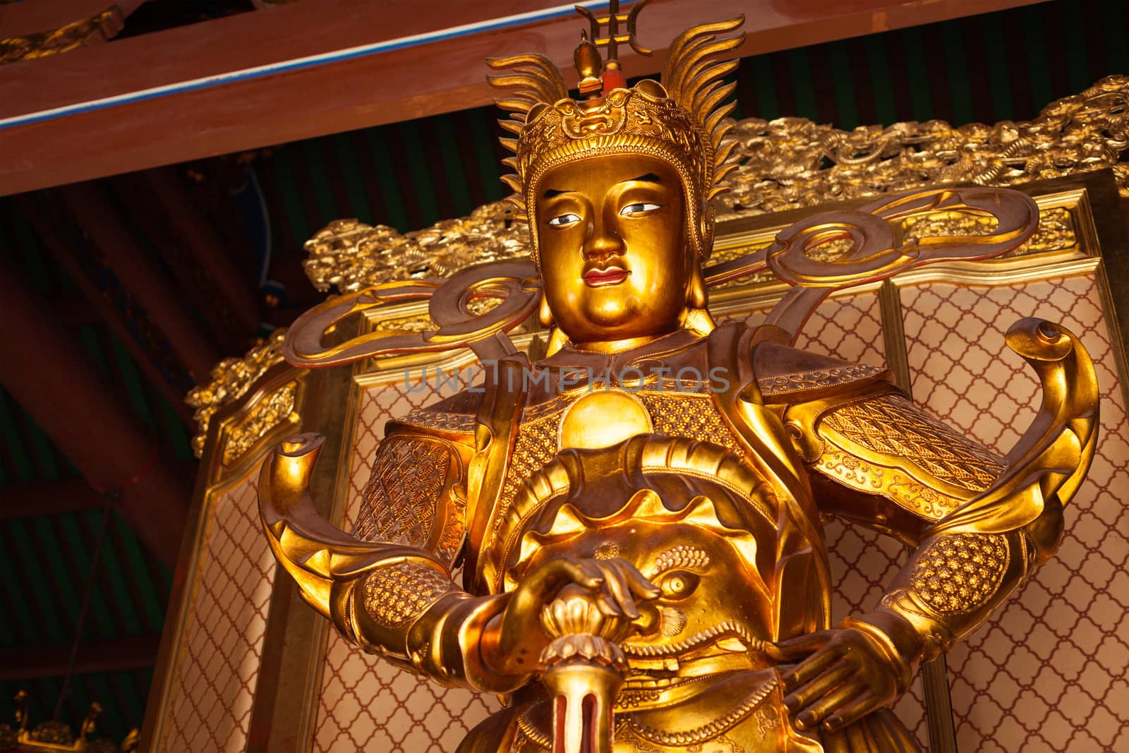Skanda bodhisattva statue in Tian Wang Dian (Hall of Celestial king). Lian Shan Shuang Lin Monastery, Singapore