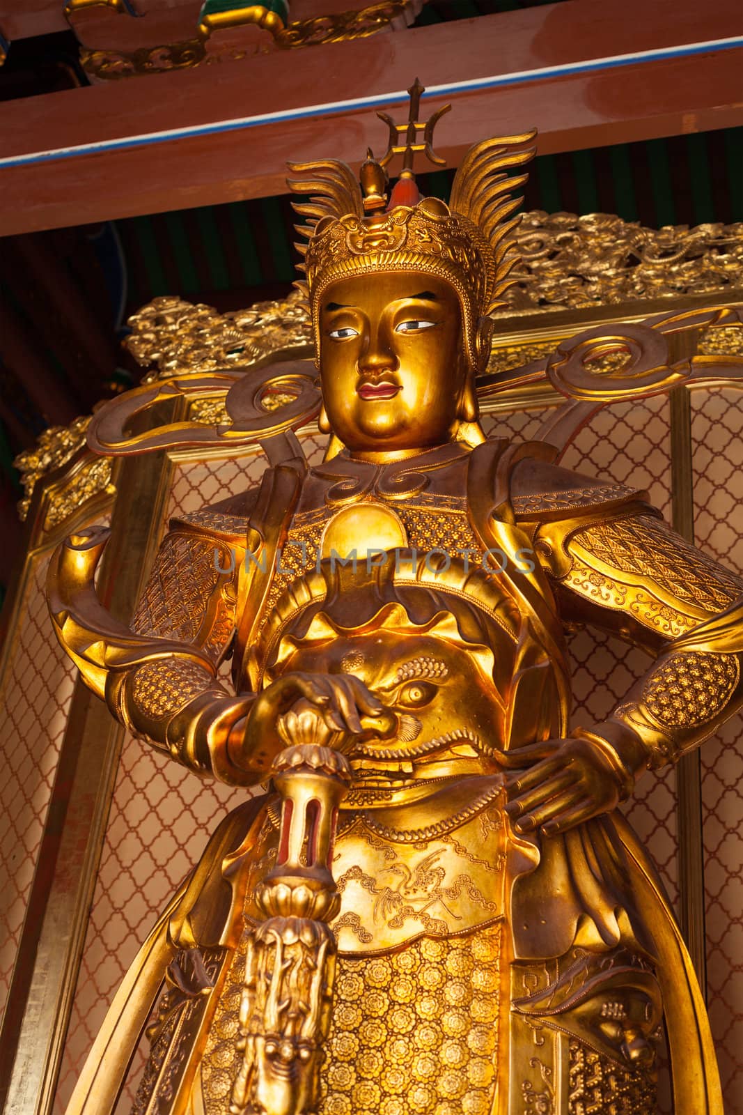 Skanda bodhisattva statue in Tian Wang Dian (Hall of Celestial king). Lian Shan Shuang Lin Monastery, Singapore