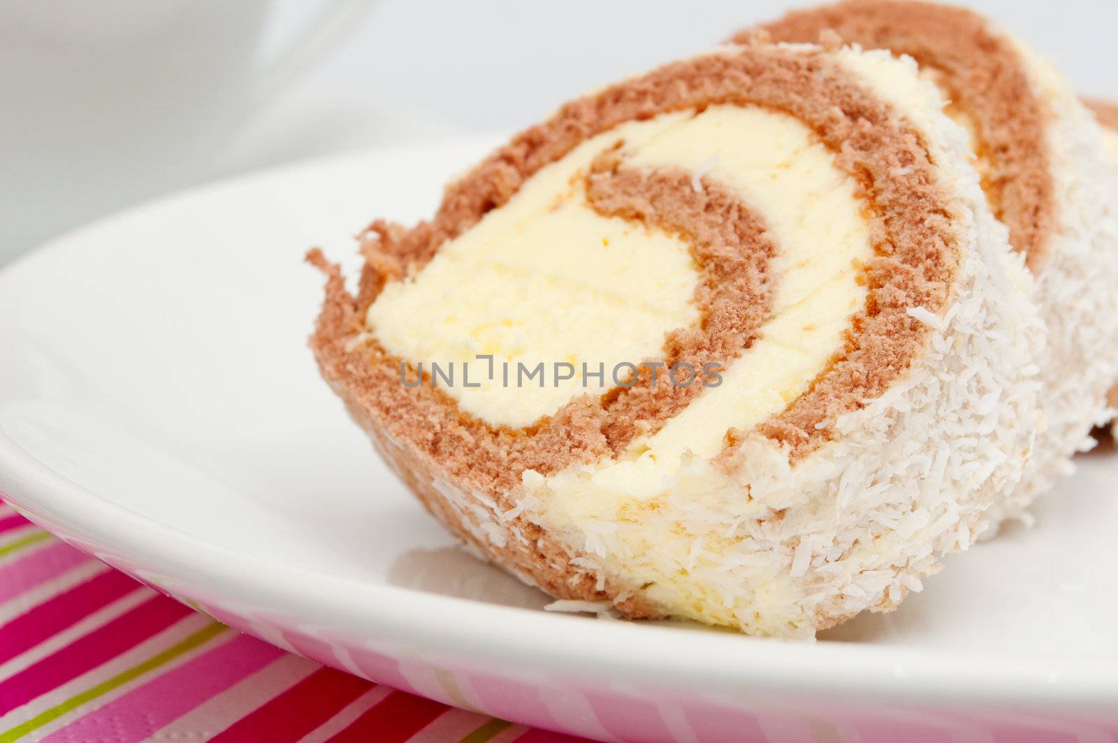 Swiss Sponge Roll With Cream on White Plate