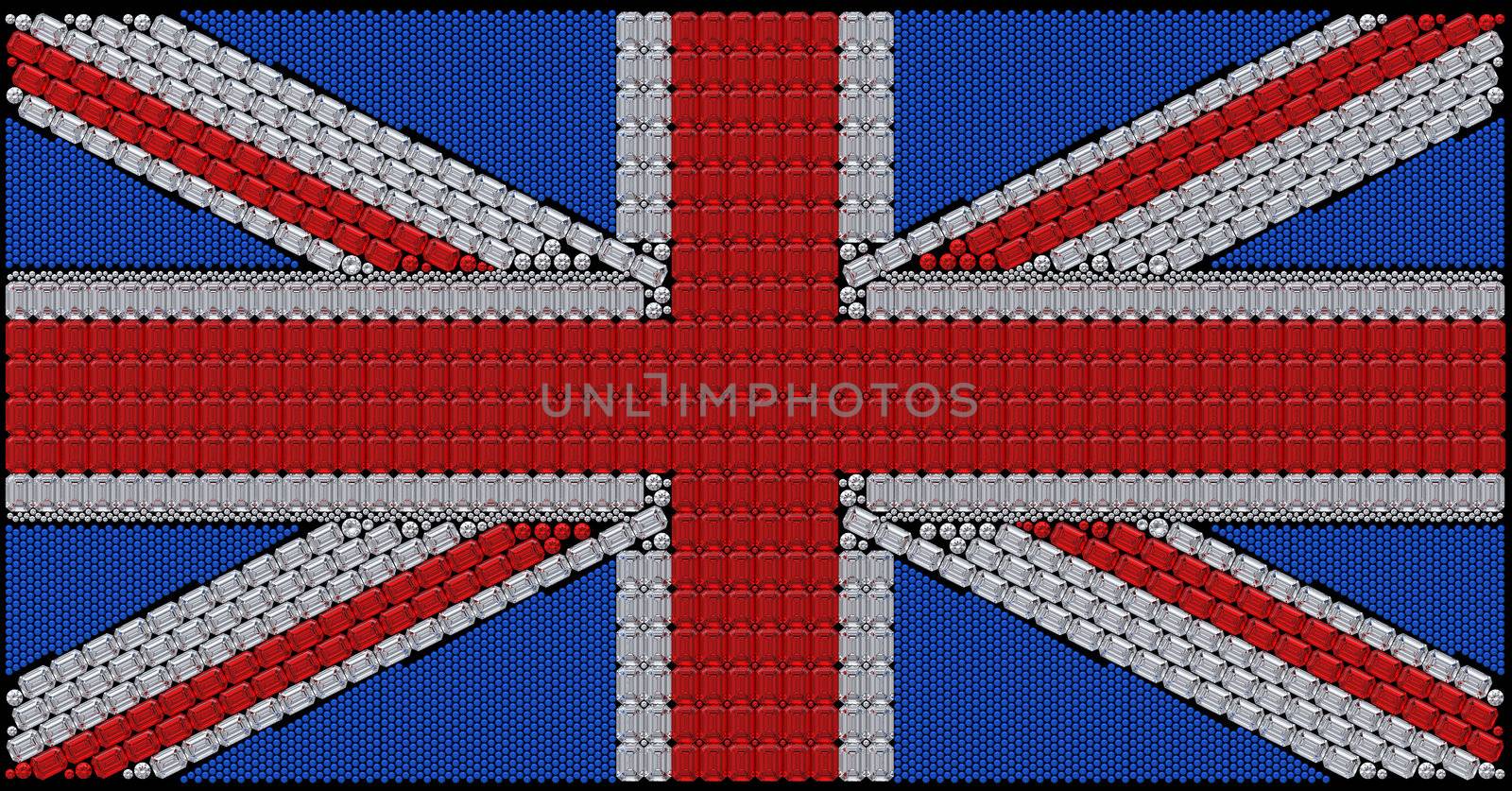 Great Britain Flag (Union Jack) assembled of diamonds. Over black. Extralarge resolution. Other gems are in my portfolio.