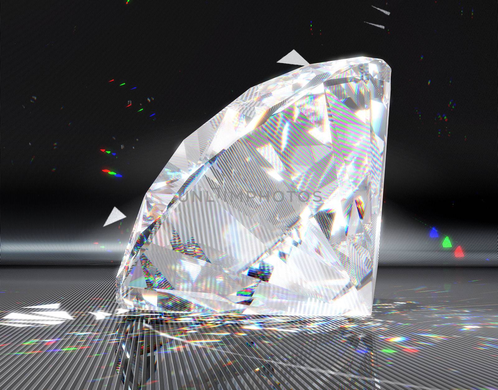 Large diamond with striped reflection and sparkles over metallic background