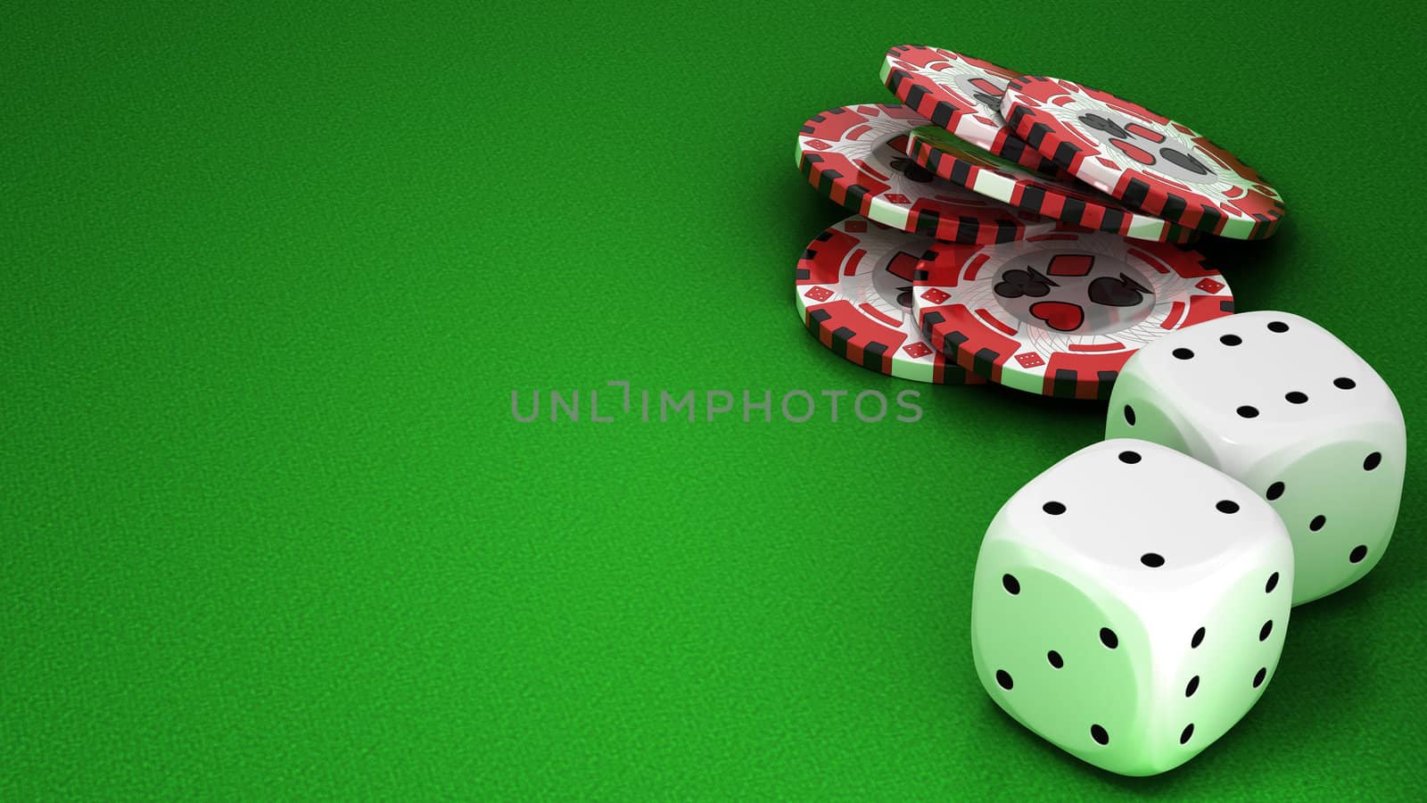 Casino or roulette chips and dies over green textured background. Extralarge res. Other leisure stuff is in my portfolio