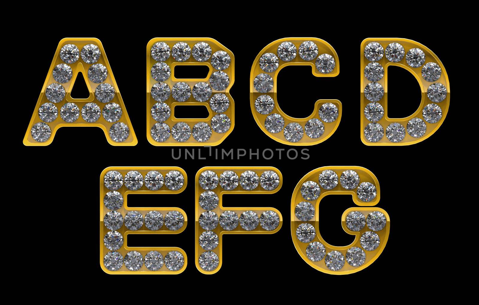 Golden A, B, C, D, E, F, G letters incrusted with diamonds. Other  character are in my portfolio