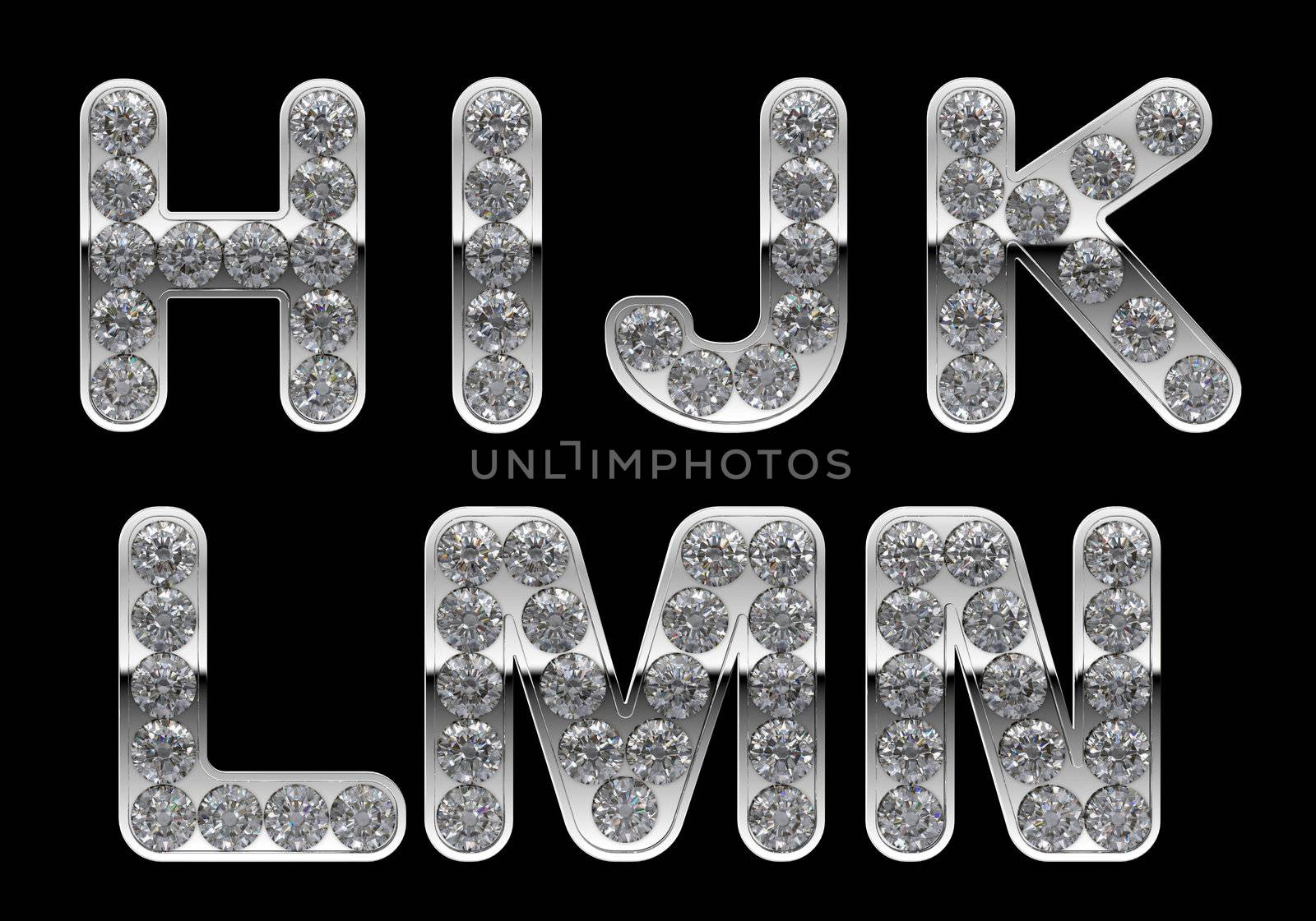 Silver H, I, J, K, L, M, N, letters incrusted with diamonds. Other character are in my portfolio