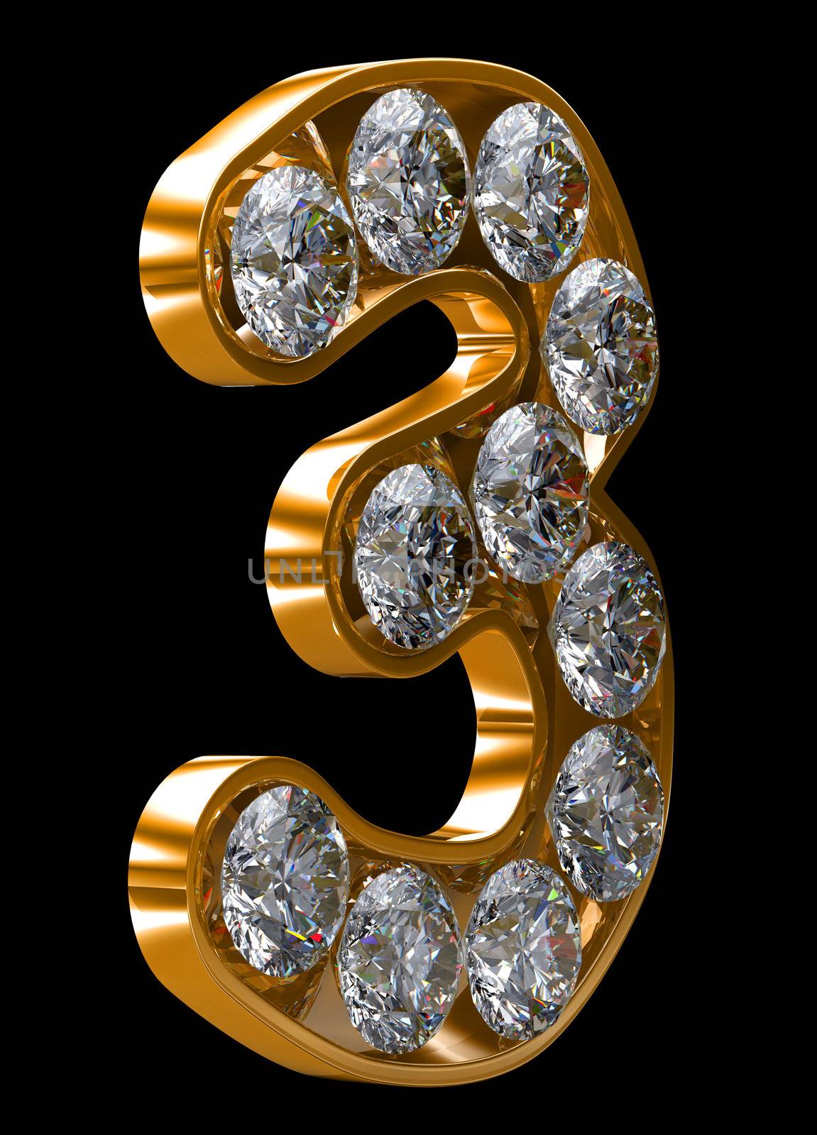 Golden 3 numeral incrusted with diamonds. Other numbers are in my portfolio