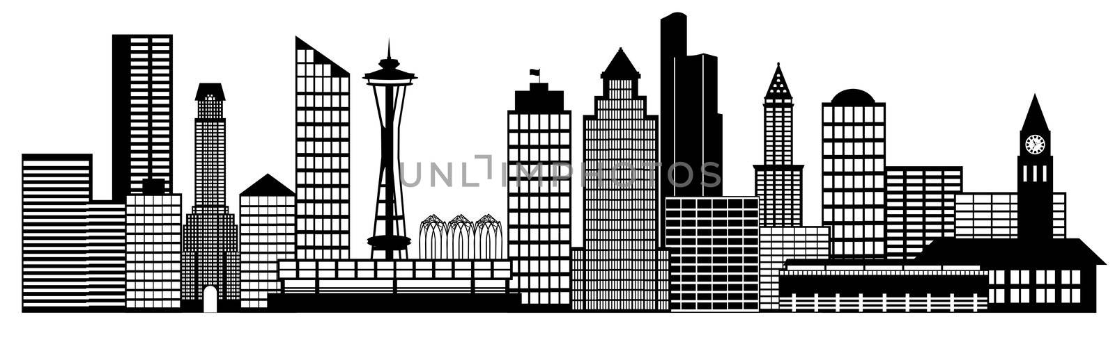 Seattle City Washington Skyline Panorama Black and White Silhouette Clip Art Illustration