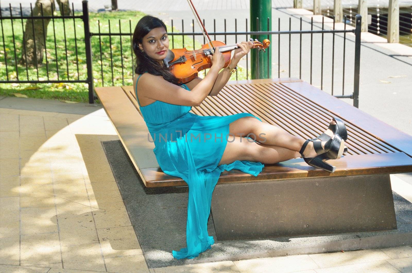 Attractive brunette musician providing live music in the park on her violin