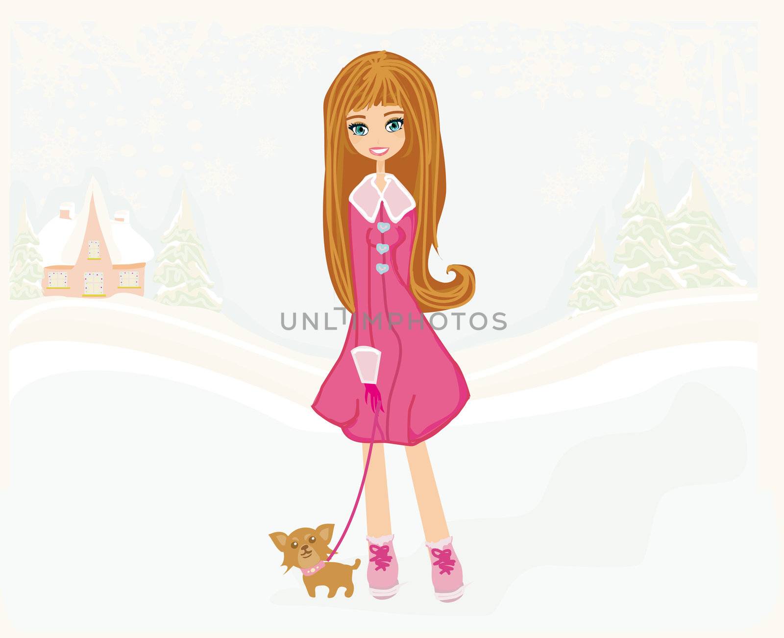 winter girl and her dog