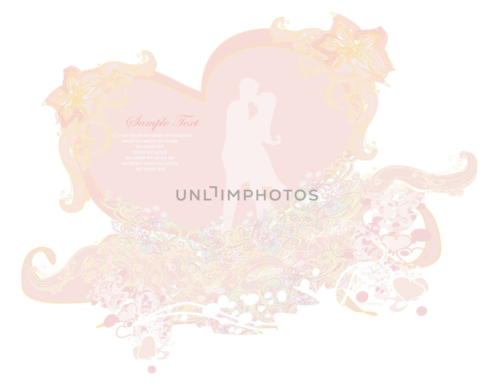Floral greeting card with silhouette of romantic couple by JackyBrown