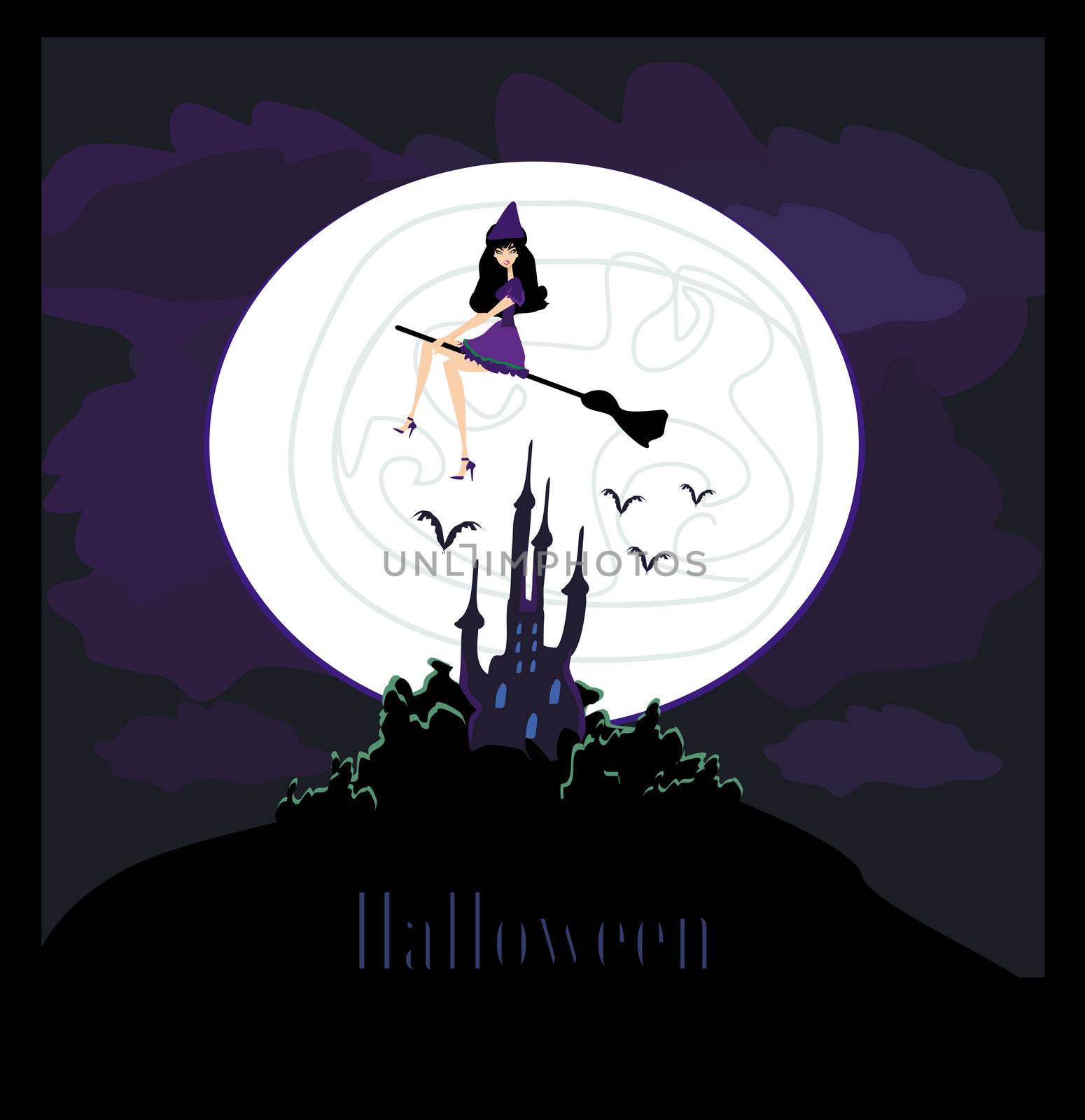 Witch flying on a broom in moonlight.