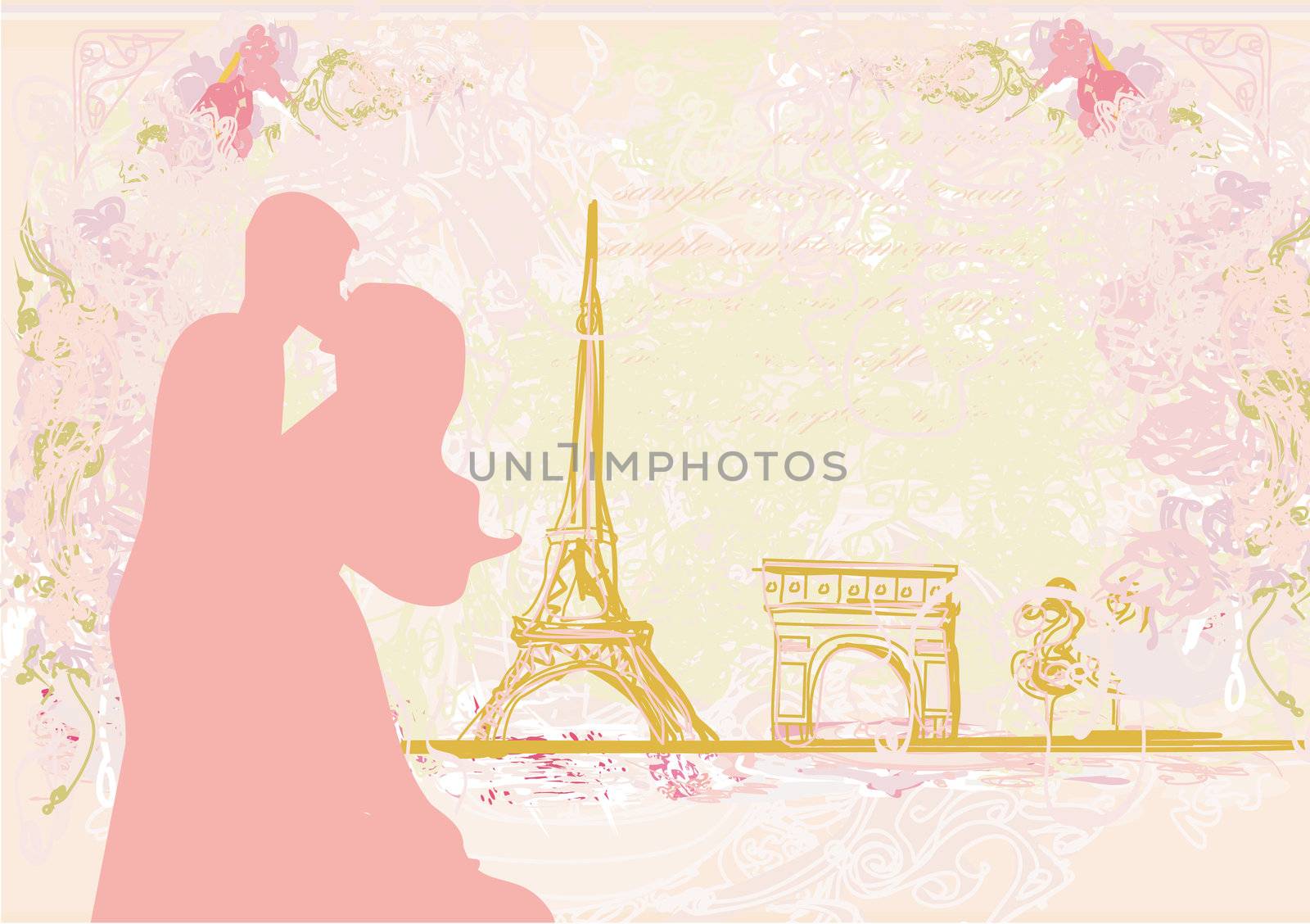 Romantic couple in Paris kissing near the Eiffel Tower Retro card